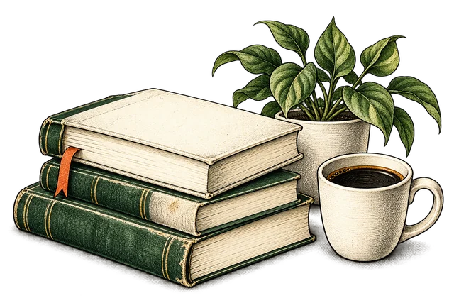 Books, a coffee mug and a small plant drawn in ink.